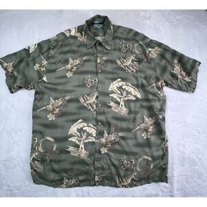 VTG CAMPIA Mens XL‎ Shirt Rayon Tropical Olive Green Soft Vacation Lady Print